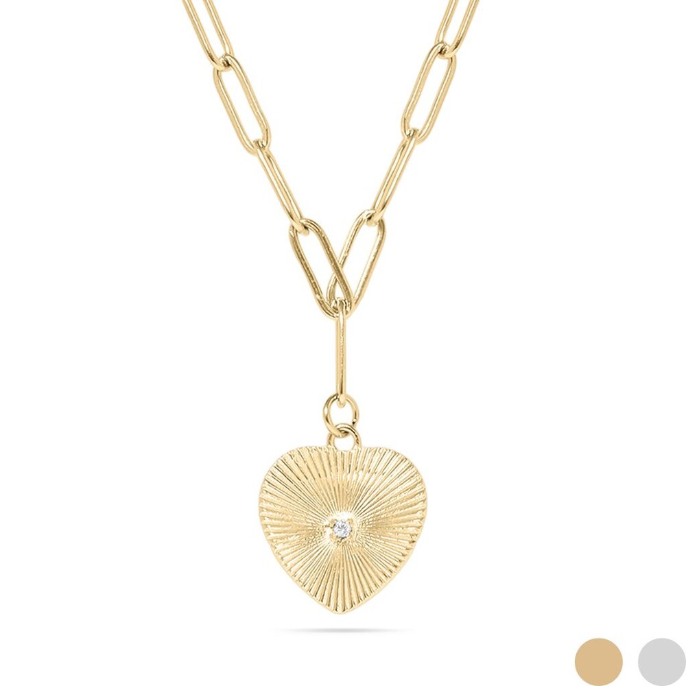 #078 18K Gold Plated SS Sunburst CZ Heart Paperclip Pendant Necklace